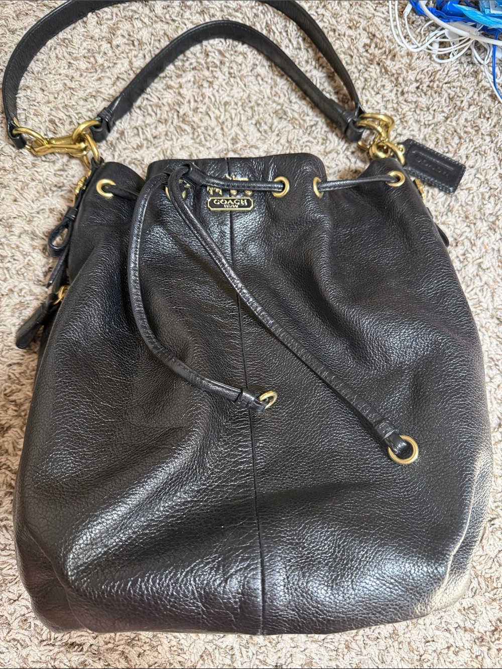 2000s Coach Black Pebbled Leather Drawstring Shoulder Bag with Gold Hardware